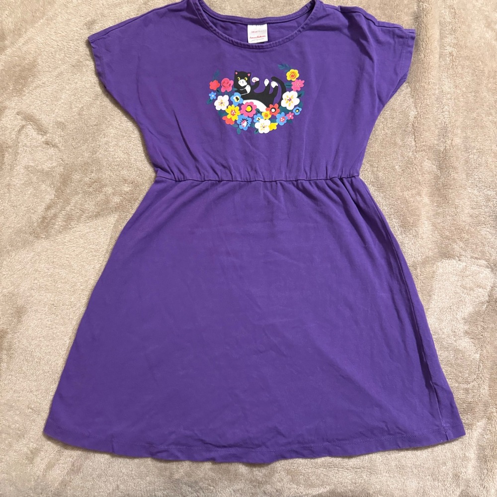 Hanna Andersson Girls Purple Cat Floral Cotton Dress Size 120 US 6-7 Sleeveless - Picture 1 of 7